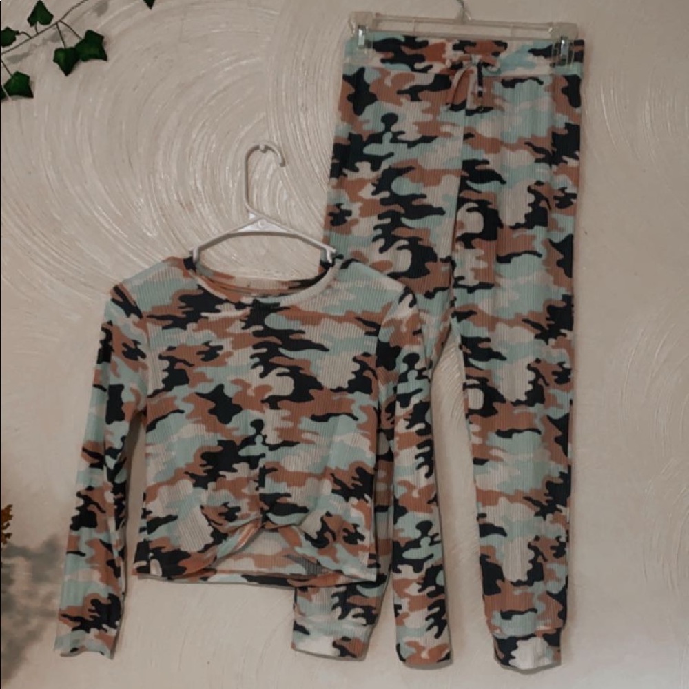 self esteem, camo, pink, blue, and white 2 piece shirt and pants